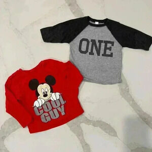 Disney Mickey Mouse Red Long Sleeve TShirt & Gray 3/4 Sleeve “One” Shirt Boys 2T